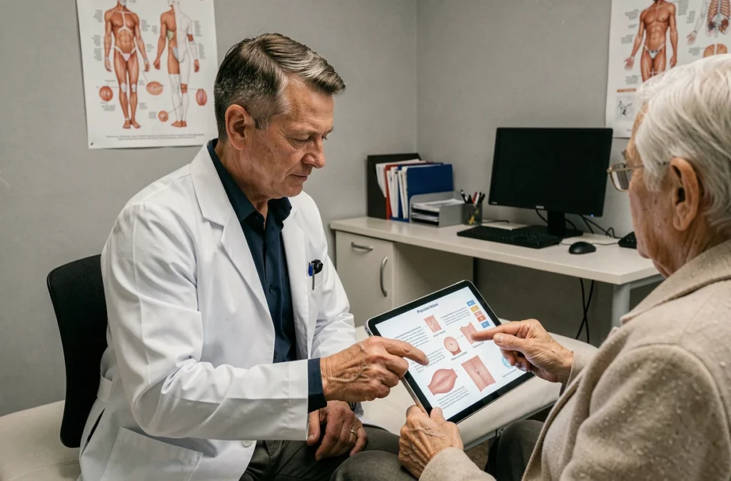 Médecin en consultation montrant un schéma de stades d'escarre sur tablette à un patient âgé en cabinet médical